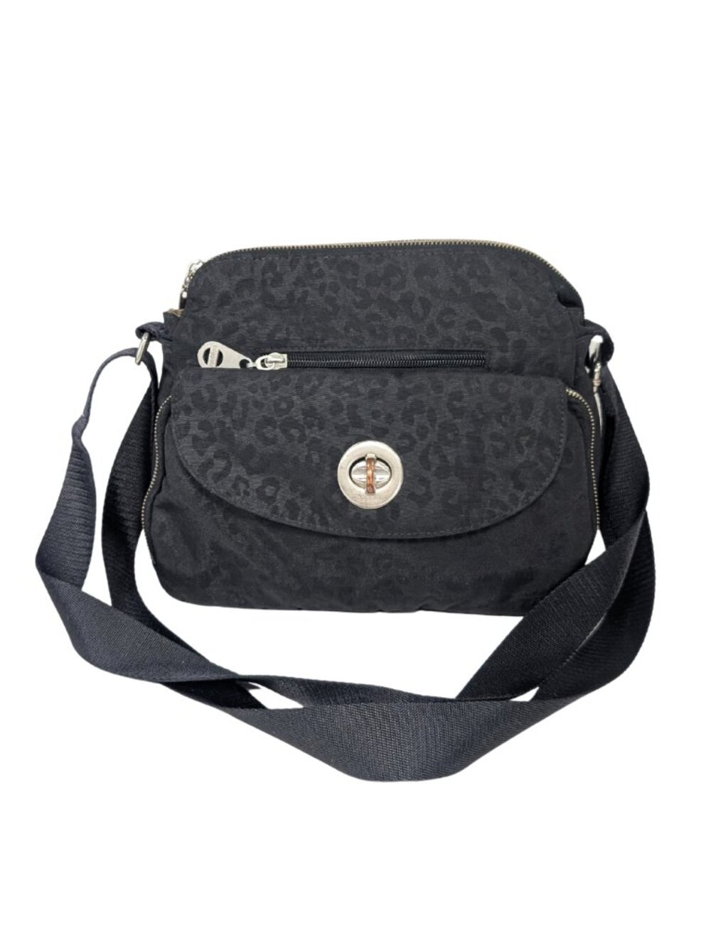 Baggallini Calais Black Cheetah Animal Print Nylon Travel Adjustable Crossbody